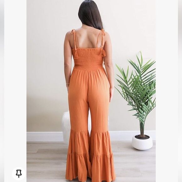 Main Strip- Women’s Golden Mustard Maggie Festival Smocked Jumpsuit Wide Leg, Lg - Picture 7 of 16